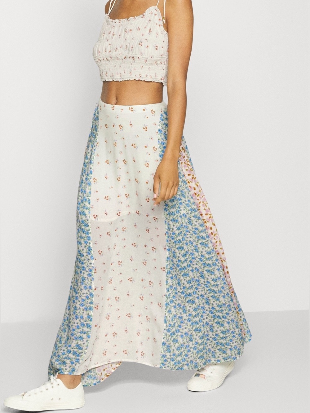 Free People Floral Patchwork Soft Flowy Maxi Skirt in Cream, Pink and Blue
